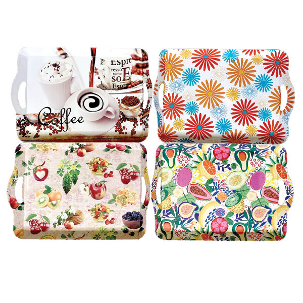 Παραλληλόγραμμος πλαστικός δίσκος σερβιρίσματος με χερούλια σε διάφορα σχέδια