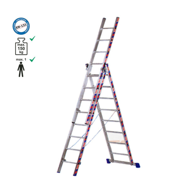 Σκάλα επαγγελματική αλουμινίου τριπλή - 3*11 σκαλιά ύψος Α/Β/Γ:3,00m/5,00m/7,50m.