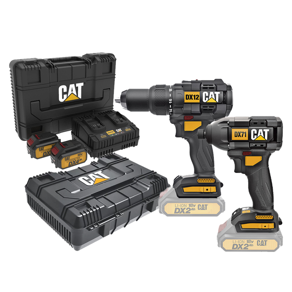 05-9872 CAT Combo-05 Δραπανοκατσάβιδο κρουστικό DX12B + κατσαβίδι παλμικό DX71B + δώρο 2 κασετίνες + -60% 2 μπαταρίες 4.0ah με διπλό φορτιστή DXK900 - Image 1