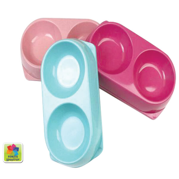 Διπλό μπόλ φαγητού σκύλου σε διάφορα χρώματα