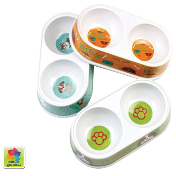 Διπλό μπόλ φαγητού σκύλου σε διάφορα σχέδια