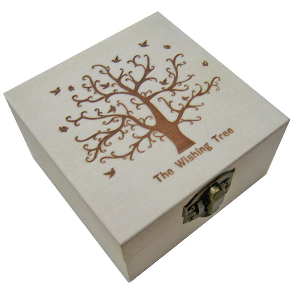 Ξύλινο αλουστράριστο τετράγωνο κουτί με πυρογραφία "The Wishing Tree"