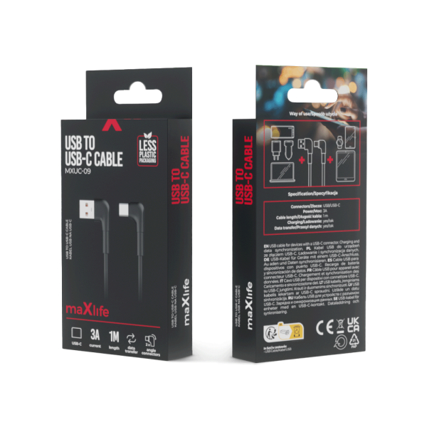 MAXLIFE USB TO TYPE C ANGLE DATA CABLE 1m 3A black