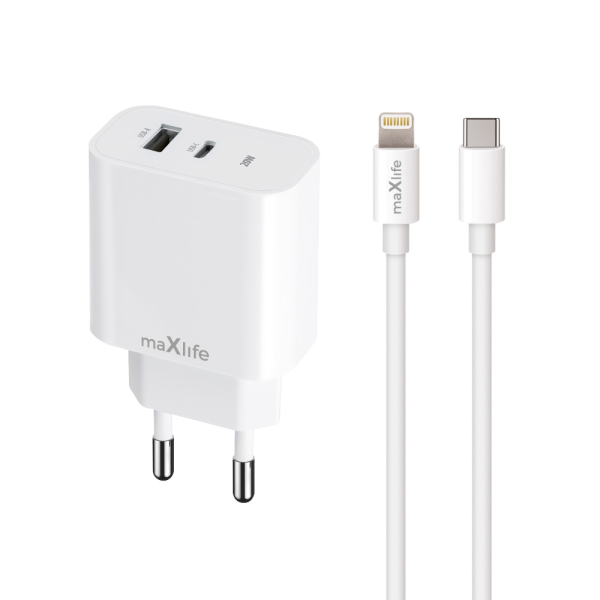 MAXLIFE TRAVEL CHARGER PD QC 20W + TYPE C to LIGHTNING DATA CABLE white