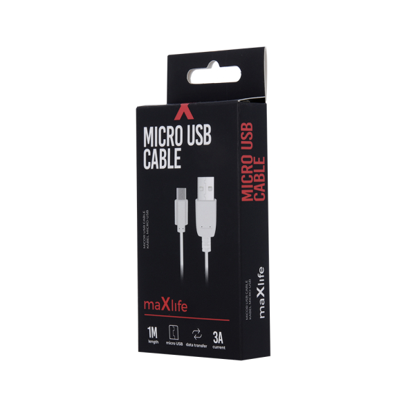 MAXLIFE USB TO MICRO USB DATA CABLE 1m 3A white