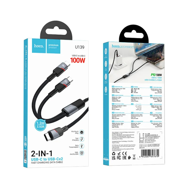 HOCO DATA CABLE U139 2 IN 1 TYPE C TO 2X TYPE C 100W 1.2m black