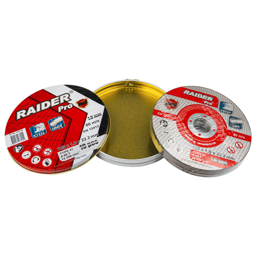 10-6408 RAIDER Τροχός κοπής inox A60T 125*1.0*22.2mm σε μεταλικό κουτί 160158 (τιμή/τεμ) - Image 1