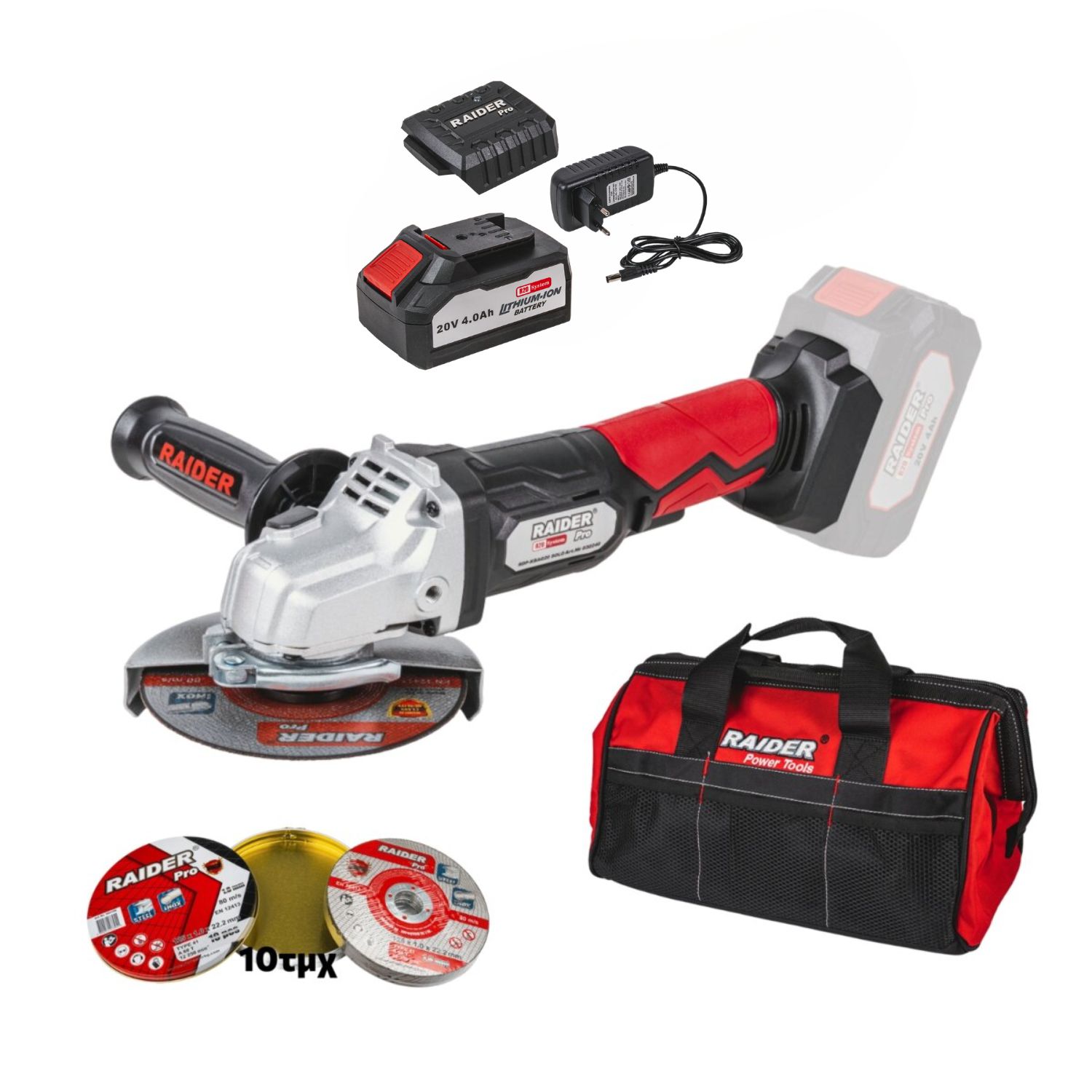 10-6623 RAIDER R20 combo-01 Γωνιακός τροχός με φορτιστή & μπαταρία 4Ah/1h δίσκοι 10τεμ. & τσάντα - Image 1